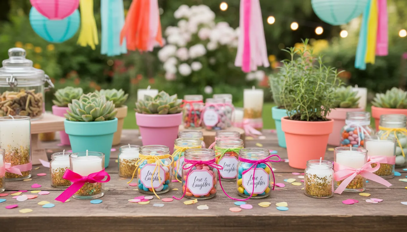Eye-level view of assorted wedding favors including candles, mini plants, and jars
