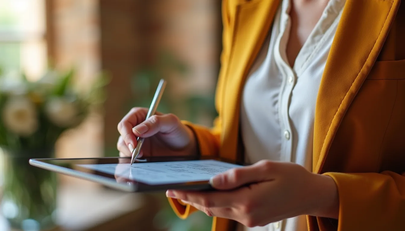 Close-up of a wedding coordinator checking vendor details on a tablet
