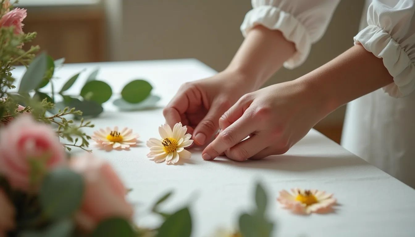 Close-up view of a planner’s hands arranging floral decorations on a wedding table