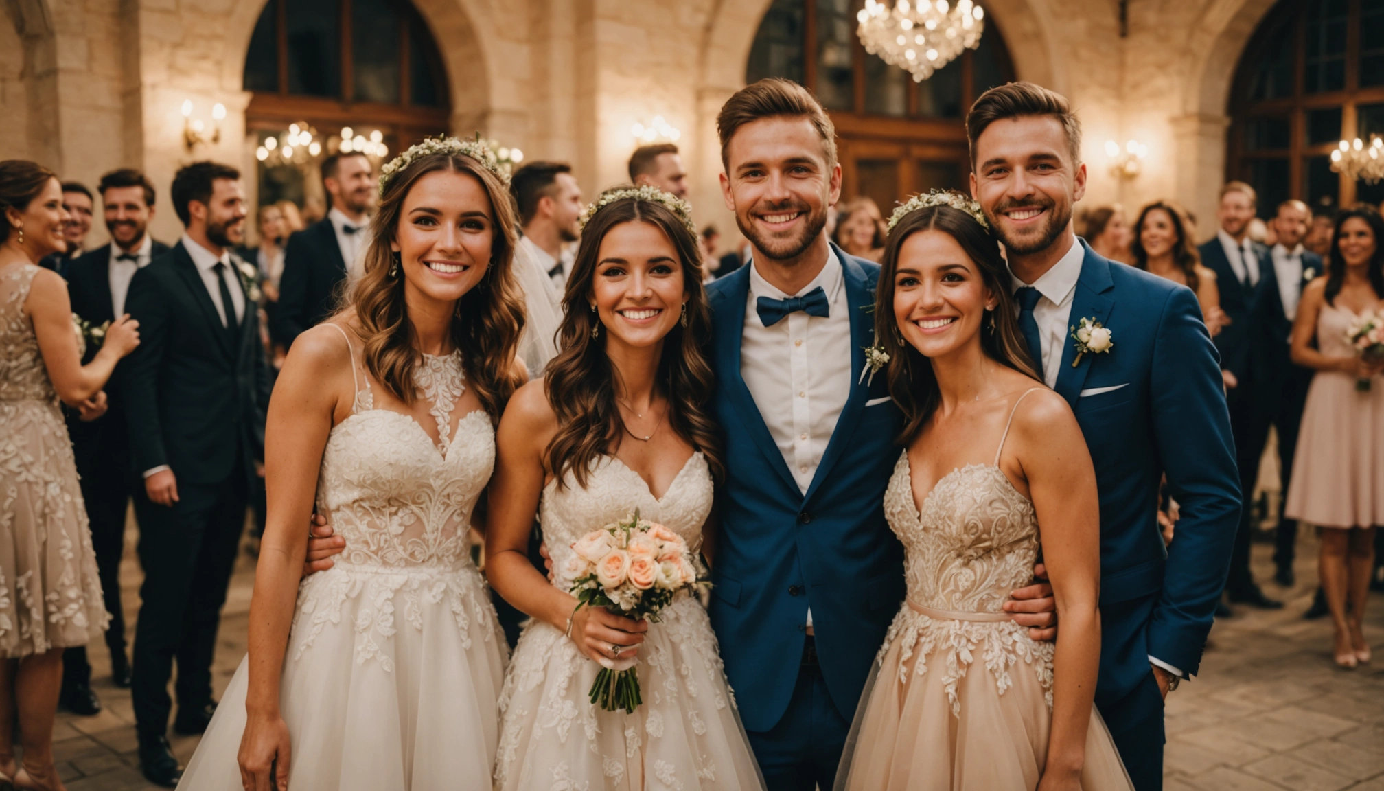 A cheerful group of friends posing together at a wedding venue