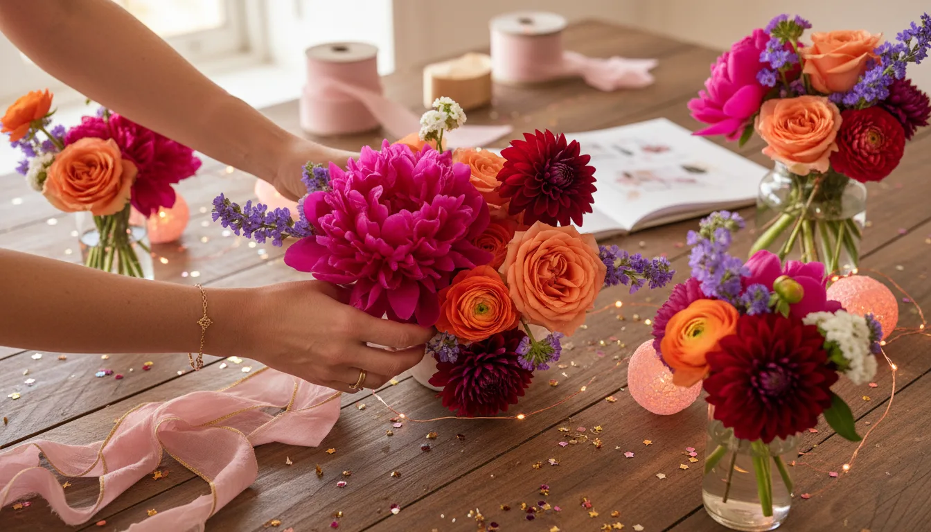Close-up view of a wedding planner’s hands arranging floral decorations on a table