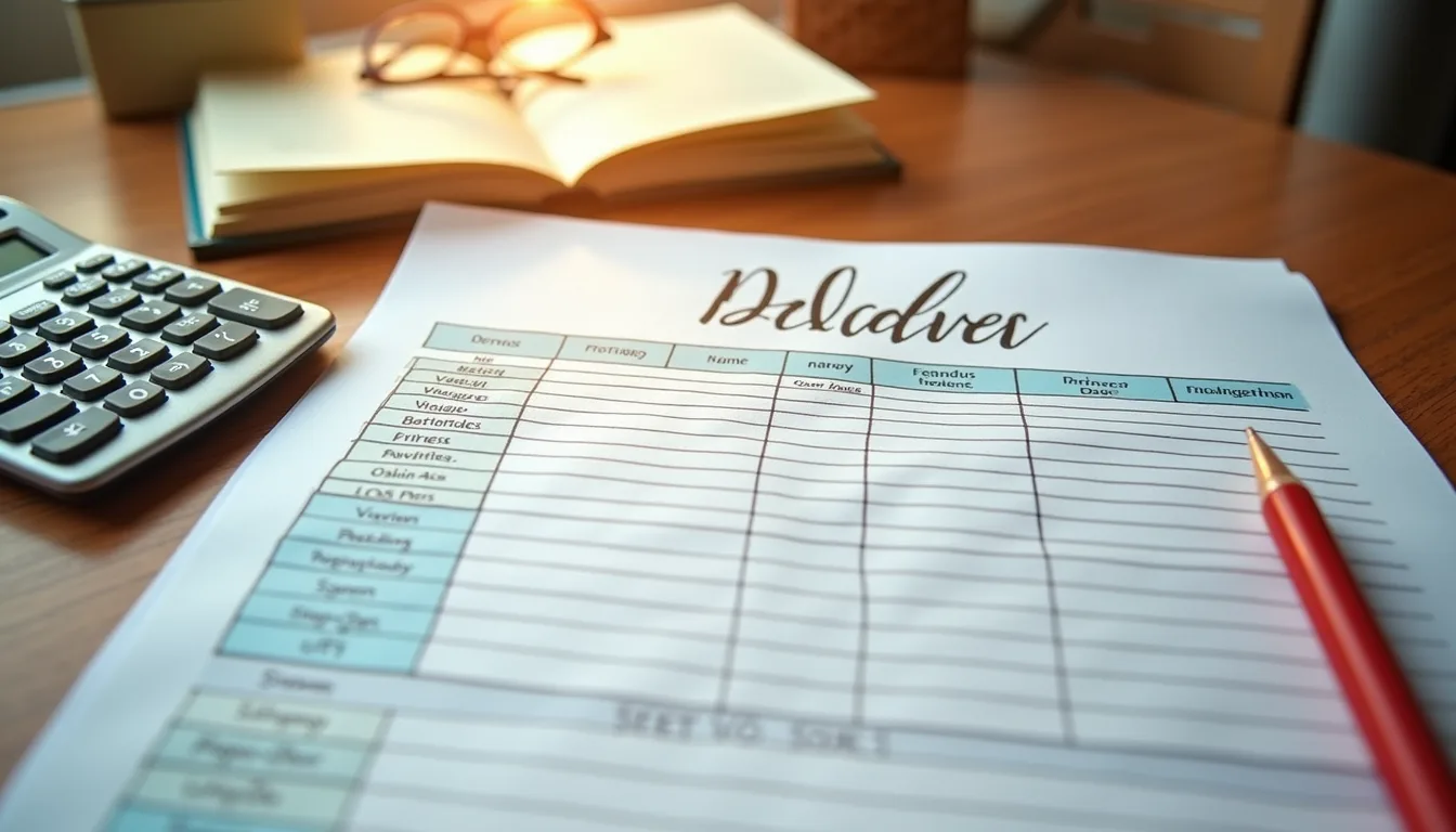 High angle view of a wedding budget planner with notes and calculator